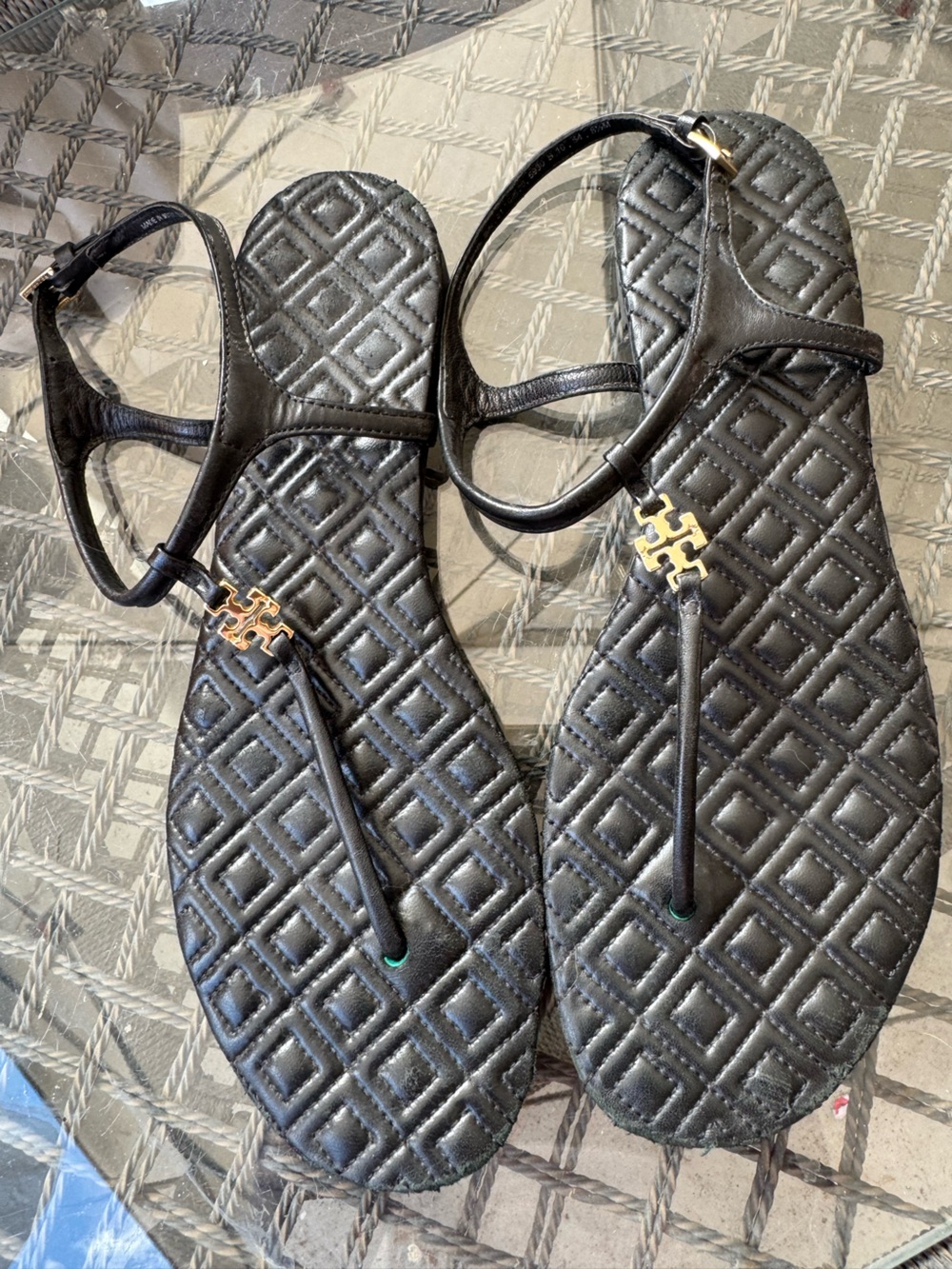 Tory Burch Black Quilted Leather T-Strap Sandals with Gold Logo
